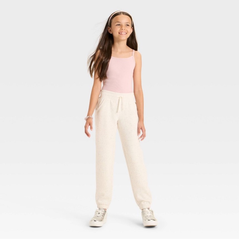 Cat & Jack Girls Fleece Jogger Pants Oatmeal Cream Speckled L 10 12 NWT
